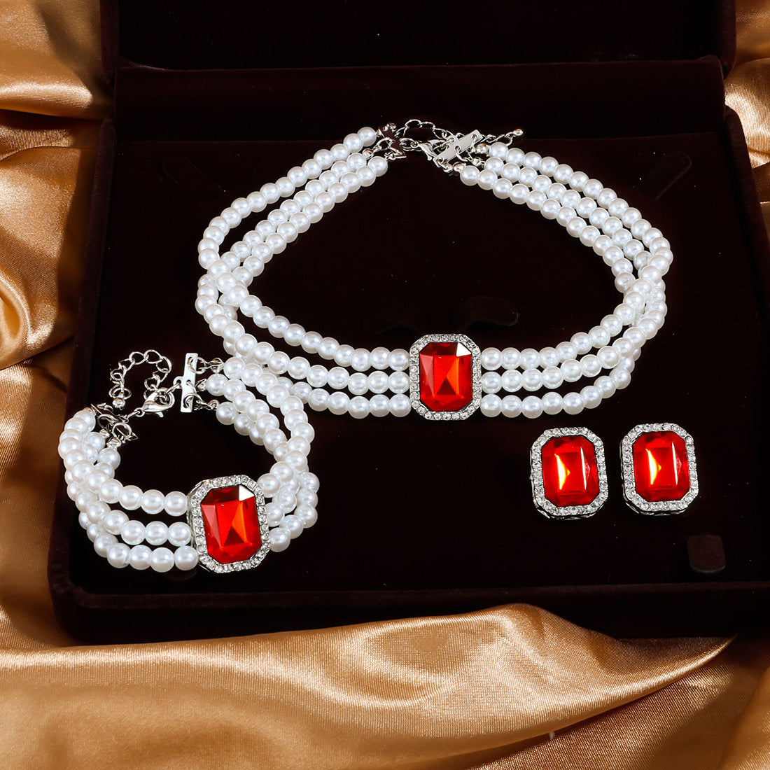 Crystal Imitation Pearl Beaded Three-Piece Set Jewelry Sets